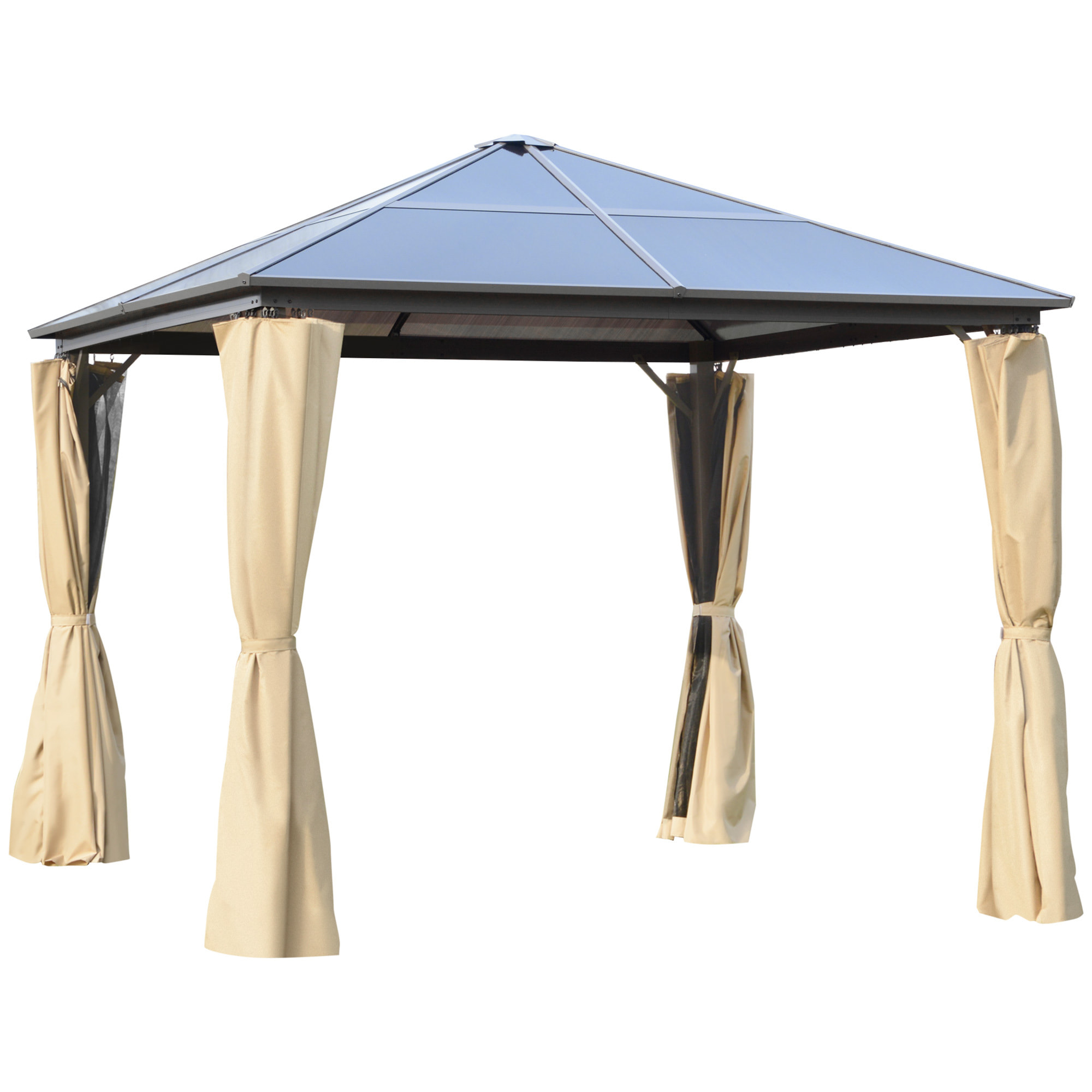 Pavillon de jardin tonnelle toit rigide polycarbonate dim. 2,94L x 2,94l x 2,67H m 4 parois latérales anti-UV moustiquaires structure aluminium beige