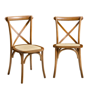 Lot de 2 chaises de bistrot en bois d'hévéa effet noyer. vintage. assise en rotin. empilables