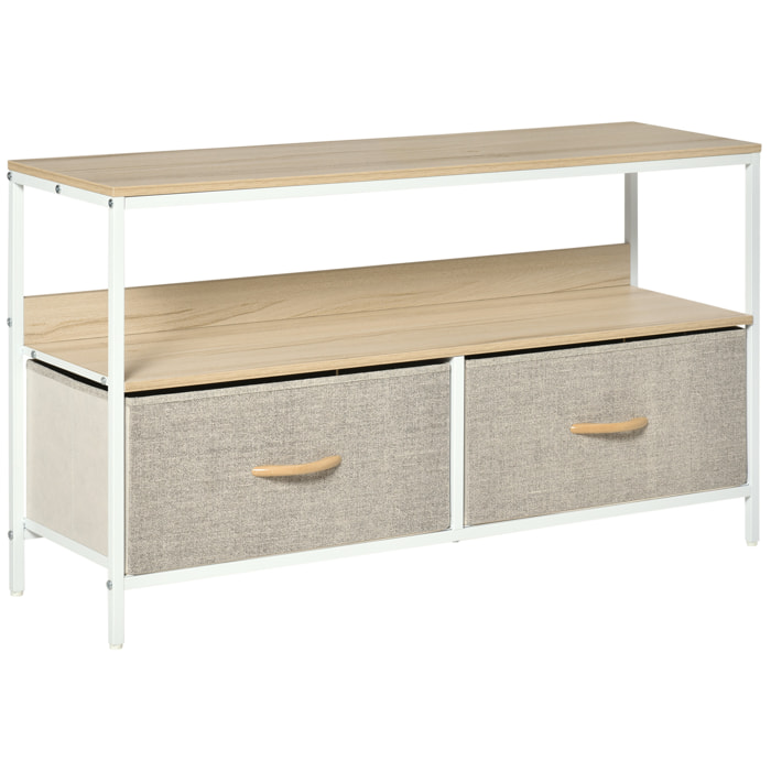 Meuble TV bas sur pieds style industriel 2 tiroirs tissu gris acier MDF blanc bois clair