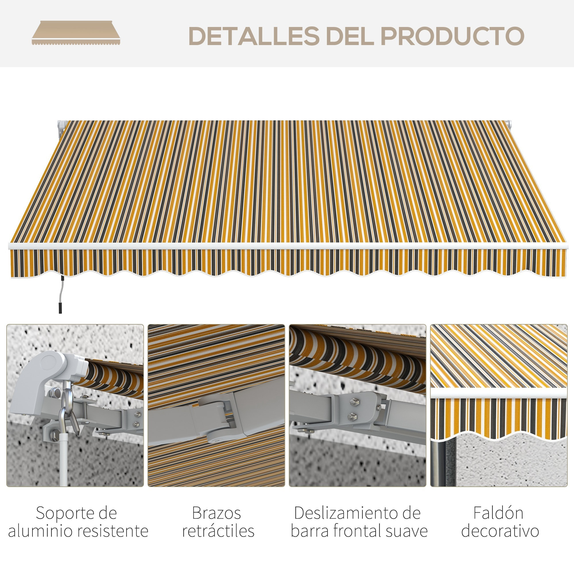 Toldo Manual Retráctil 350x250 cm Toldo para Balcón con Manivela de Metal Impermeable y Anti-UV Toldo Enrollable de Exterior para Jardín Terraza Ventanas Gris y Amarillo