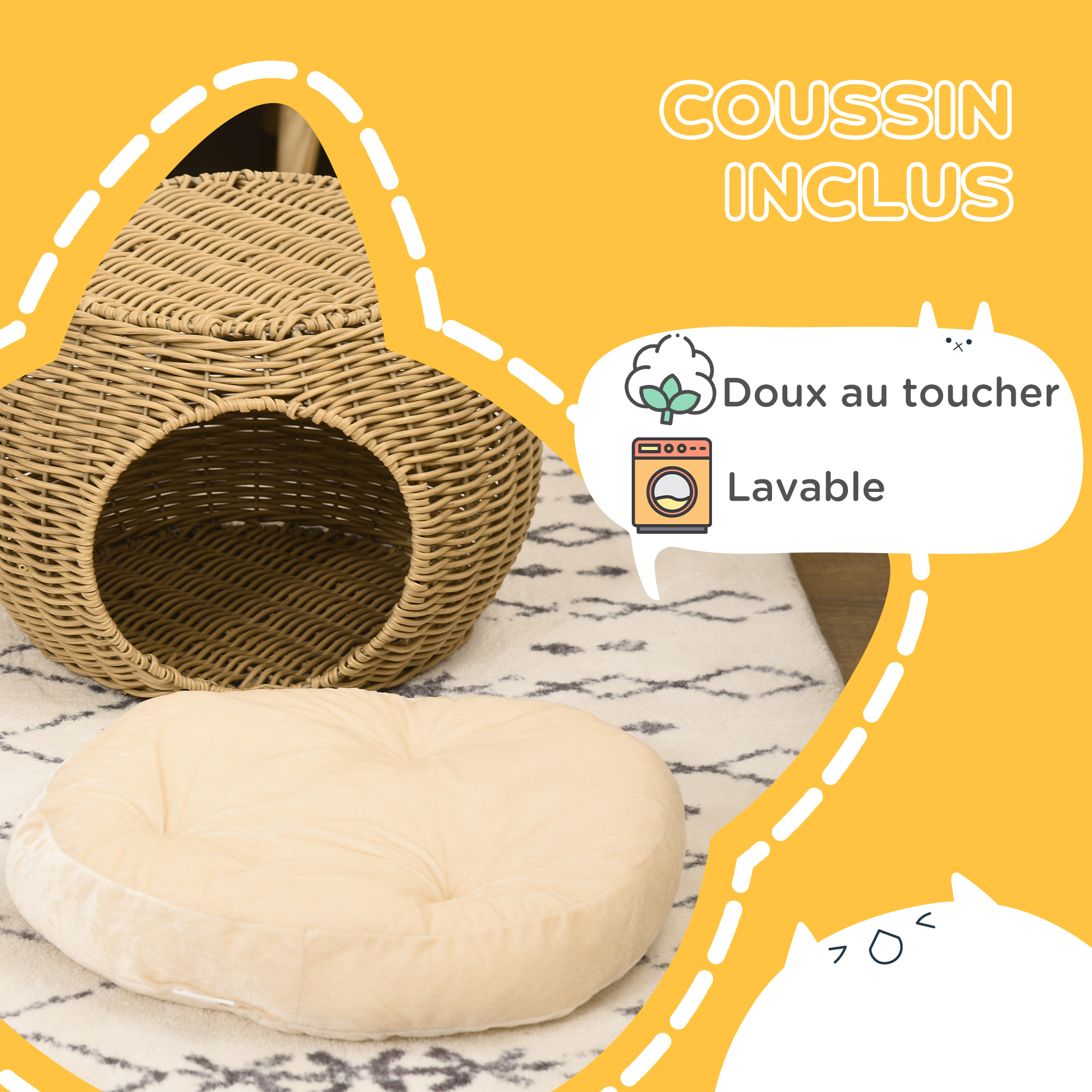 Panier chat lit chat cosy grand confort dim. Ø 40 x 30H cm coussin moelleux inclus polyester résine beige