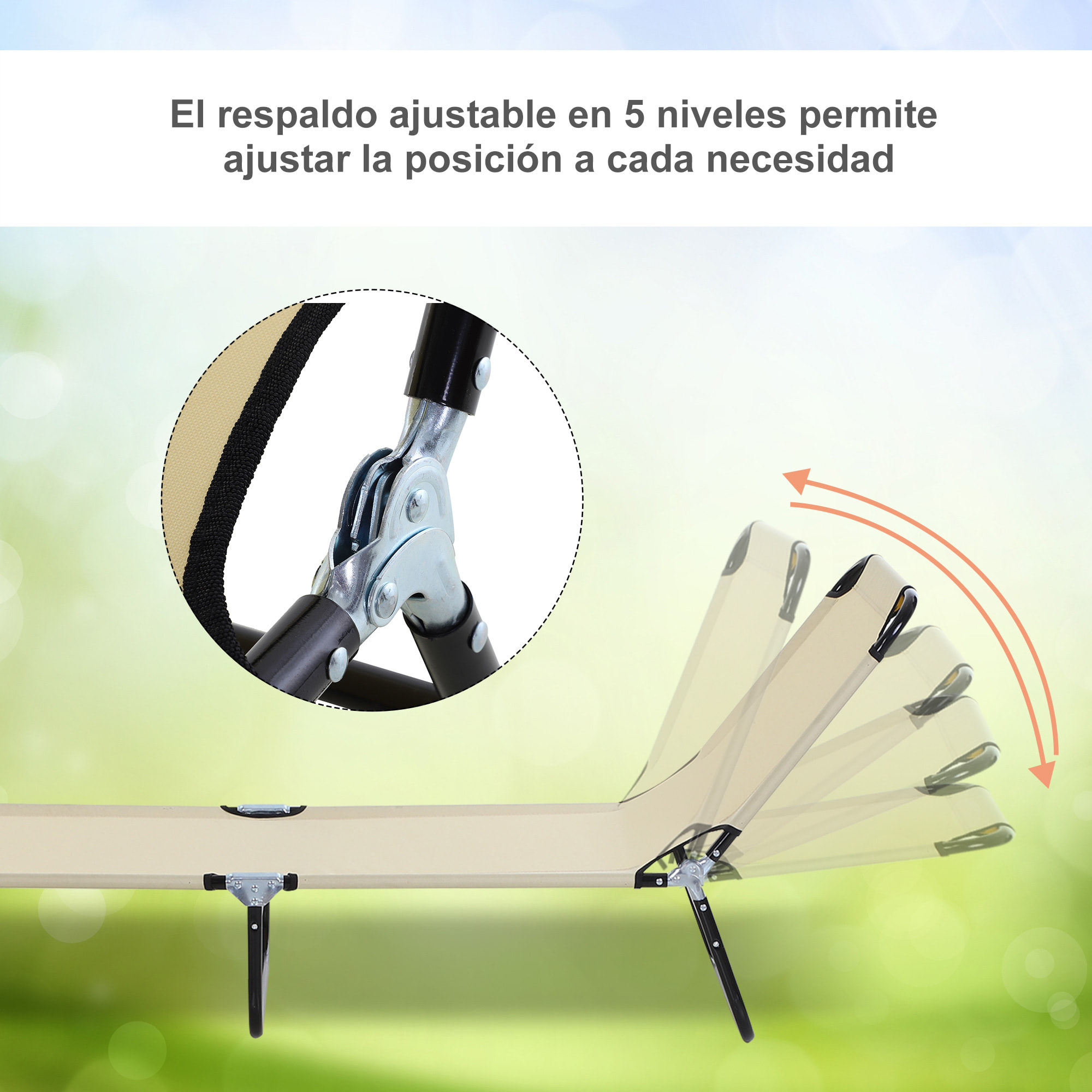 Tumbona Plegable Reclinable con Ángulo Ajustable de 5 Posiciones para Jardín Exterior Piscina Terraza Camping Carga 120 kg 188x56x28 cm Beige