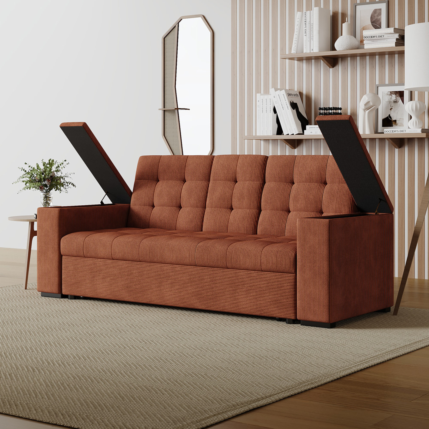 Canapé 3 places convertible avec tablette centrale et accoudoirs amovibles terracotta velours côtelé TILIA