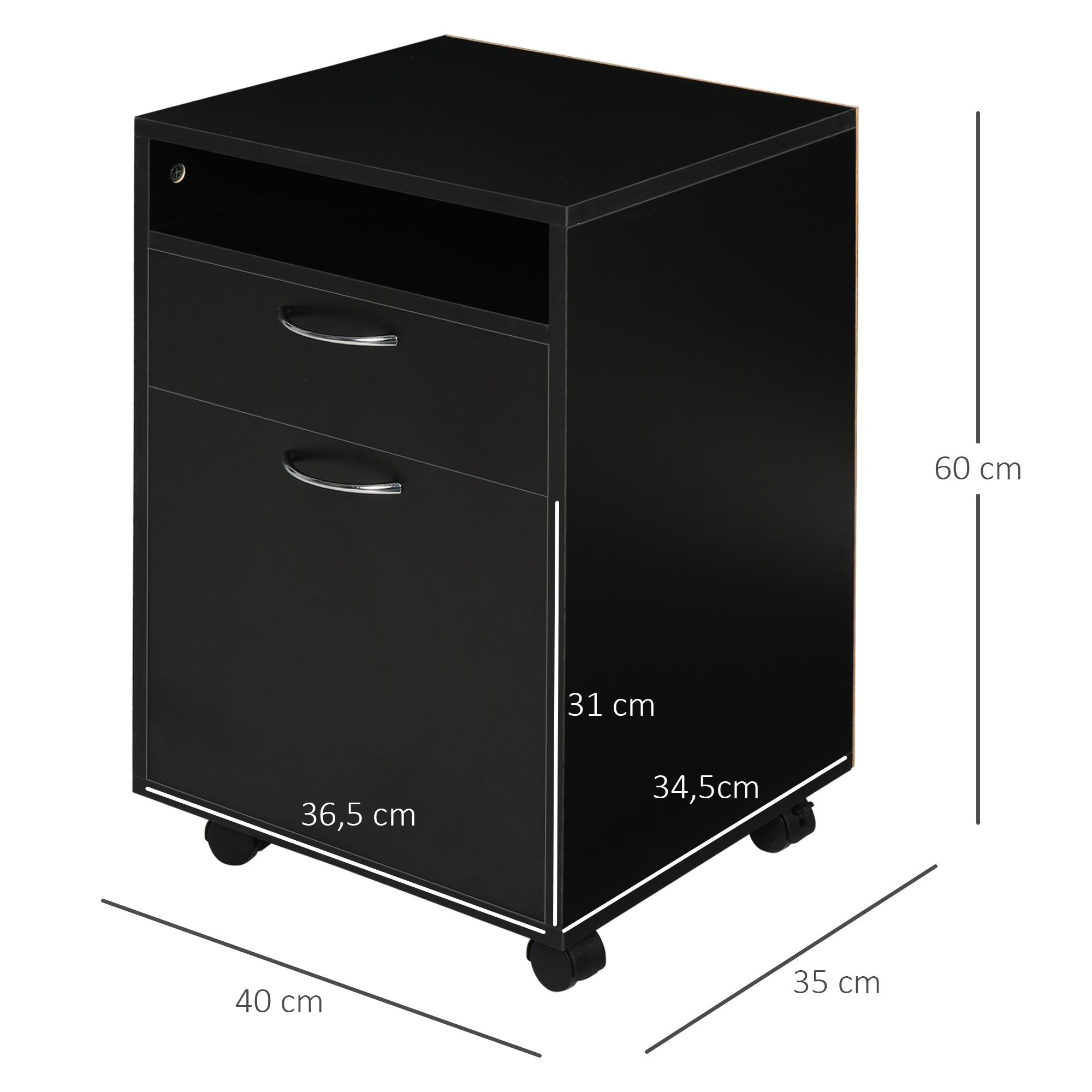 Cajonera de Oficina Móvil con Cajón y Gabinete Mueble Archivador con Ruedas Soporte de Impresora para Estudio 40x35x60 cm Negro