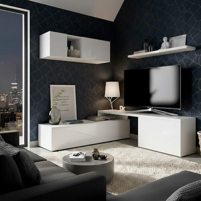 Parete Attrezzata Mobile Soggiorno TV con Mensola Pensile Salotto Base Televisione Sala Pranzo Design Moderno Reversibile 201 x 41 x 44 cm Bianco