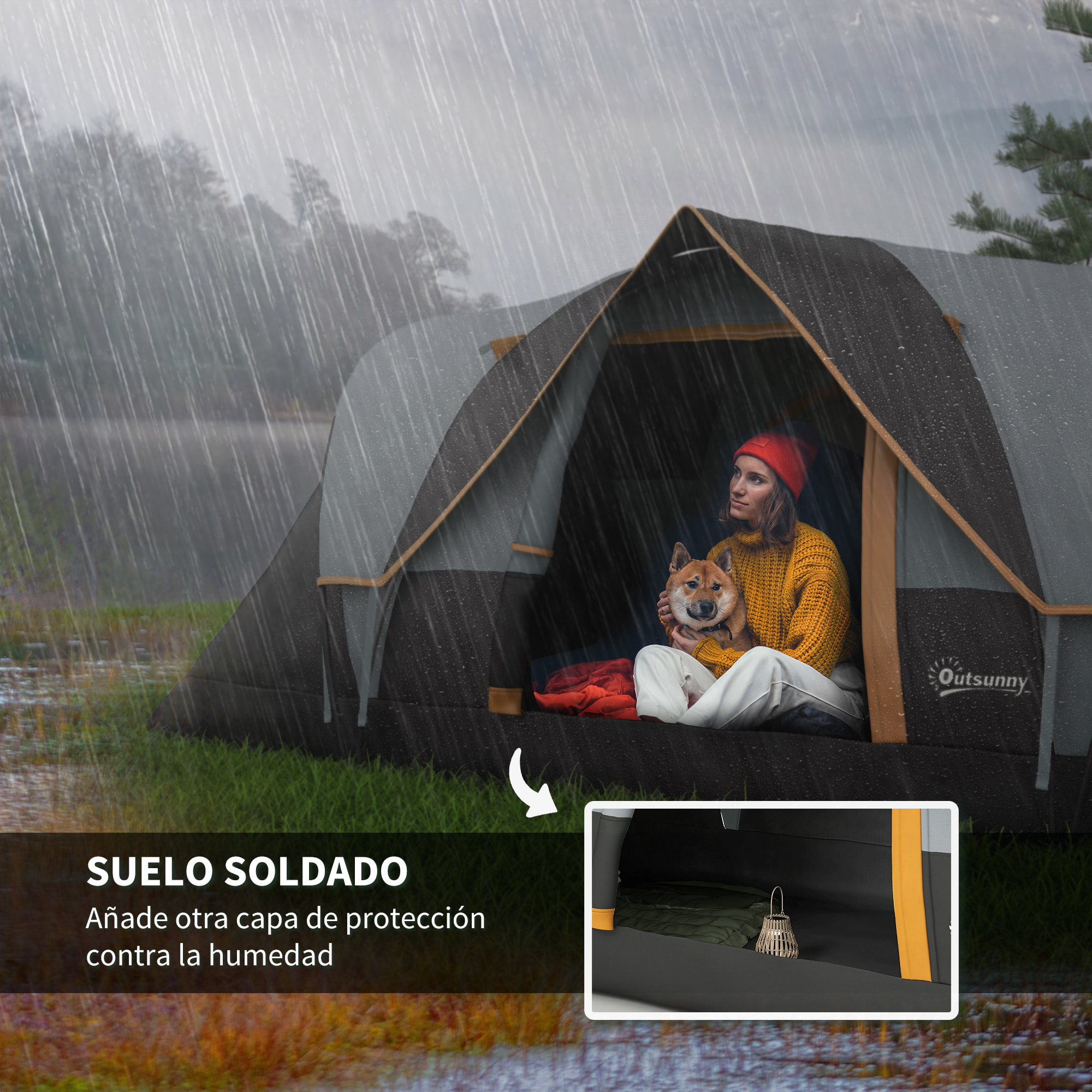 Tienda de Campaña Familiar para 5 Personas Tienda de Acampada de Túnel Impermeable 3000mm+ Tienda de Camping con Bolsa de Transporte y Gancho para Pescar Senderismo 455x220x180 cm Gris