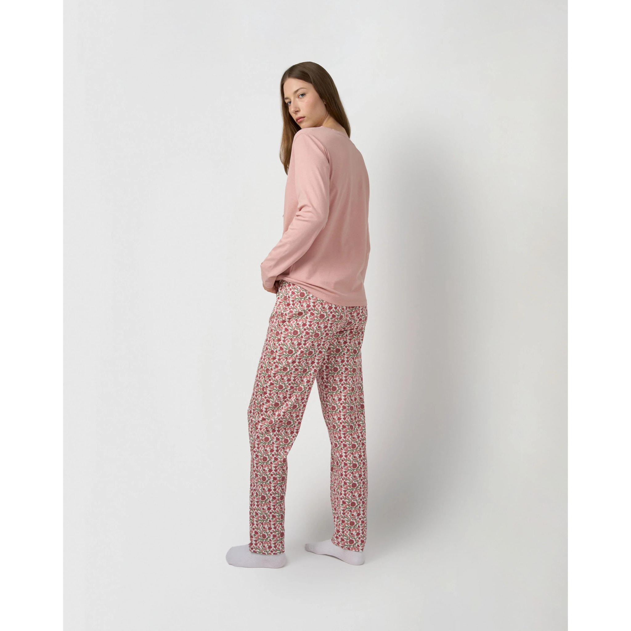 Pigiama lungo in cotone con scollo a V, stile amazon, rosa