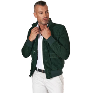 Giacca bomber in pelle camoscio verde con bottoni e tasconi