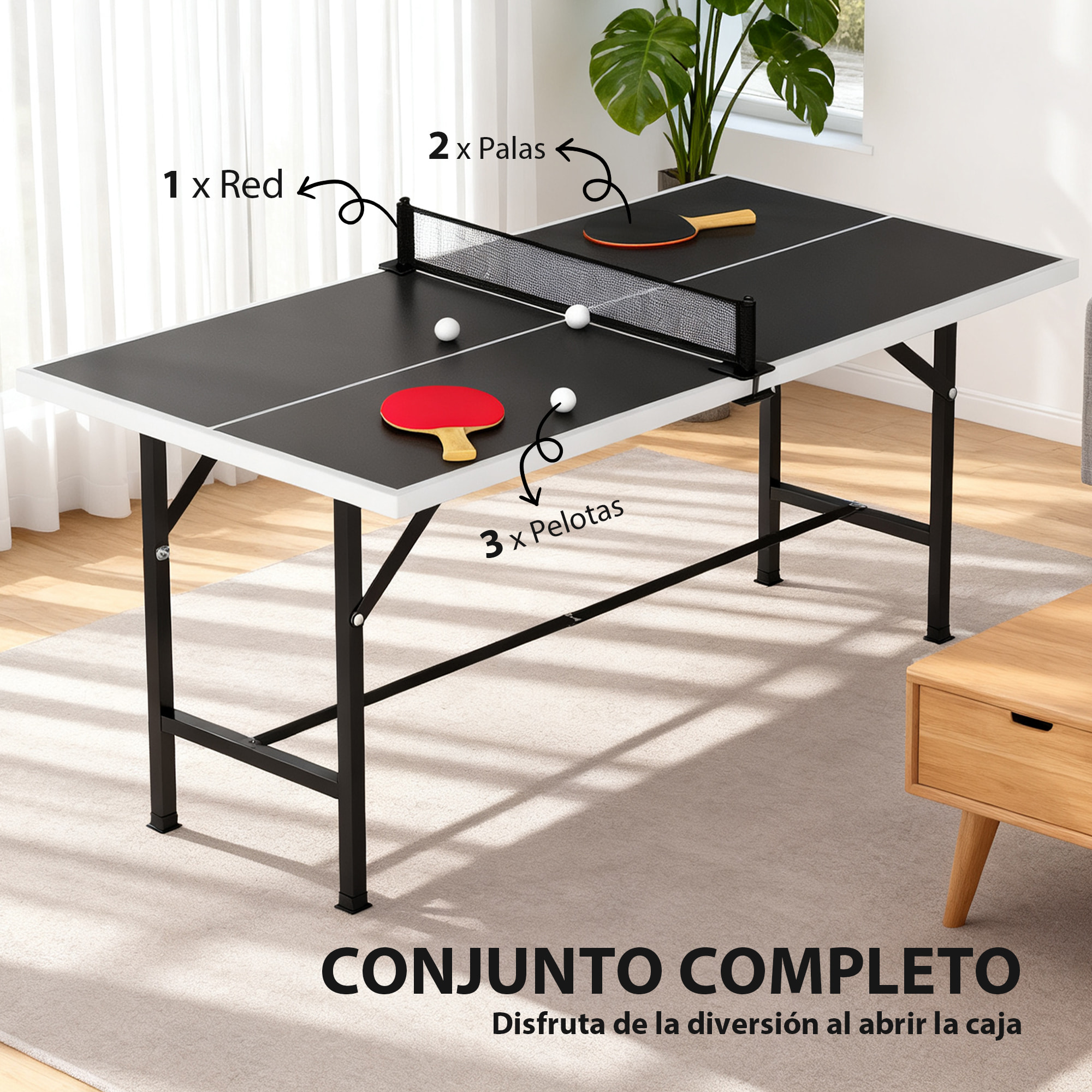 Mini Mesa de Ping Pong Plegable 152x76x70 cm, Mesa de Ping Pong Exterior con Red, 2 Raquetas y 3 Pelotas, Fácil de Transportar, Estable, para Interior y Exterior, Negro