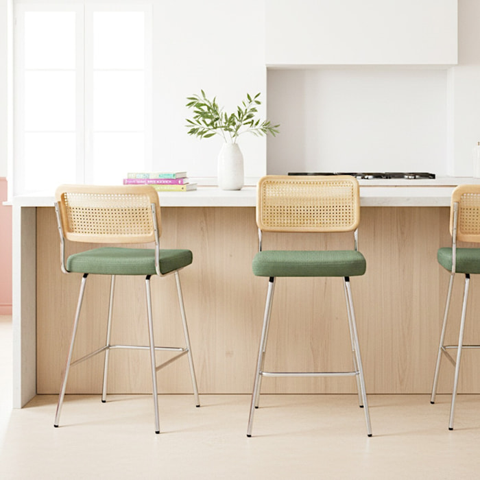 Lot de 2 chaises de bar en cannage et velours côtelé, piètement chromé - MUSE
