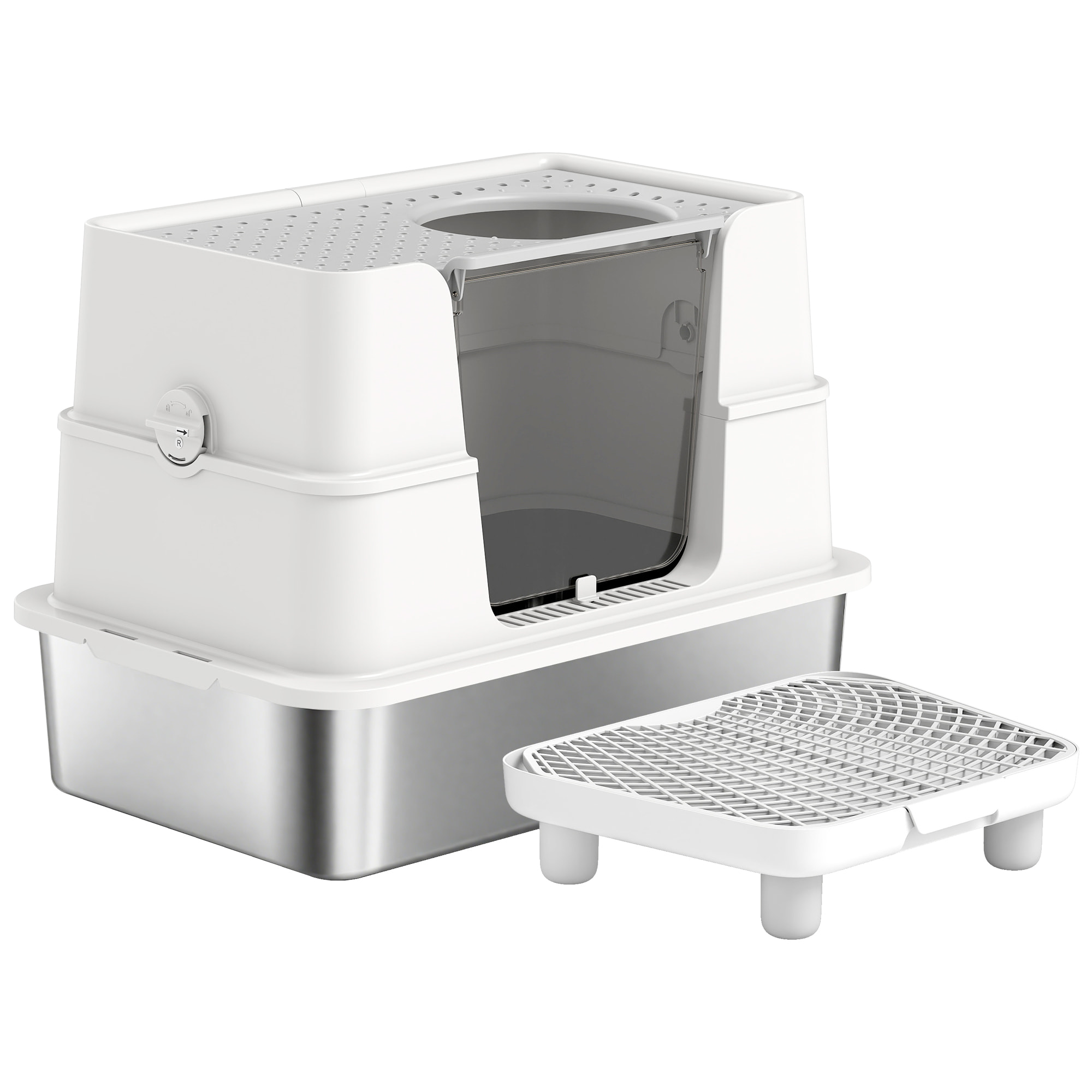 Bac à litière avec ouvercle pivotant 100° inox gris clair