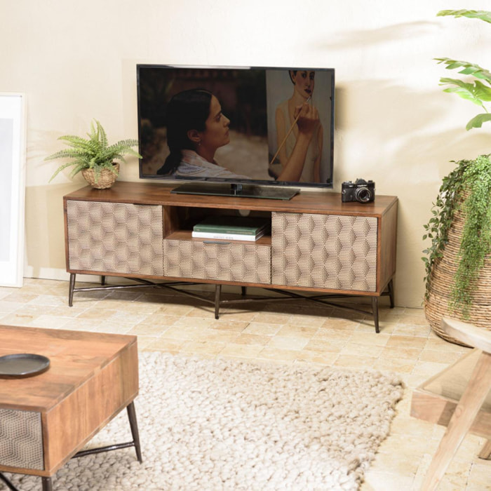 ALIX - Meuble TV en bois de manguier 2 portes 1 tiroir motifs ethniques