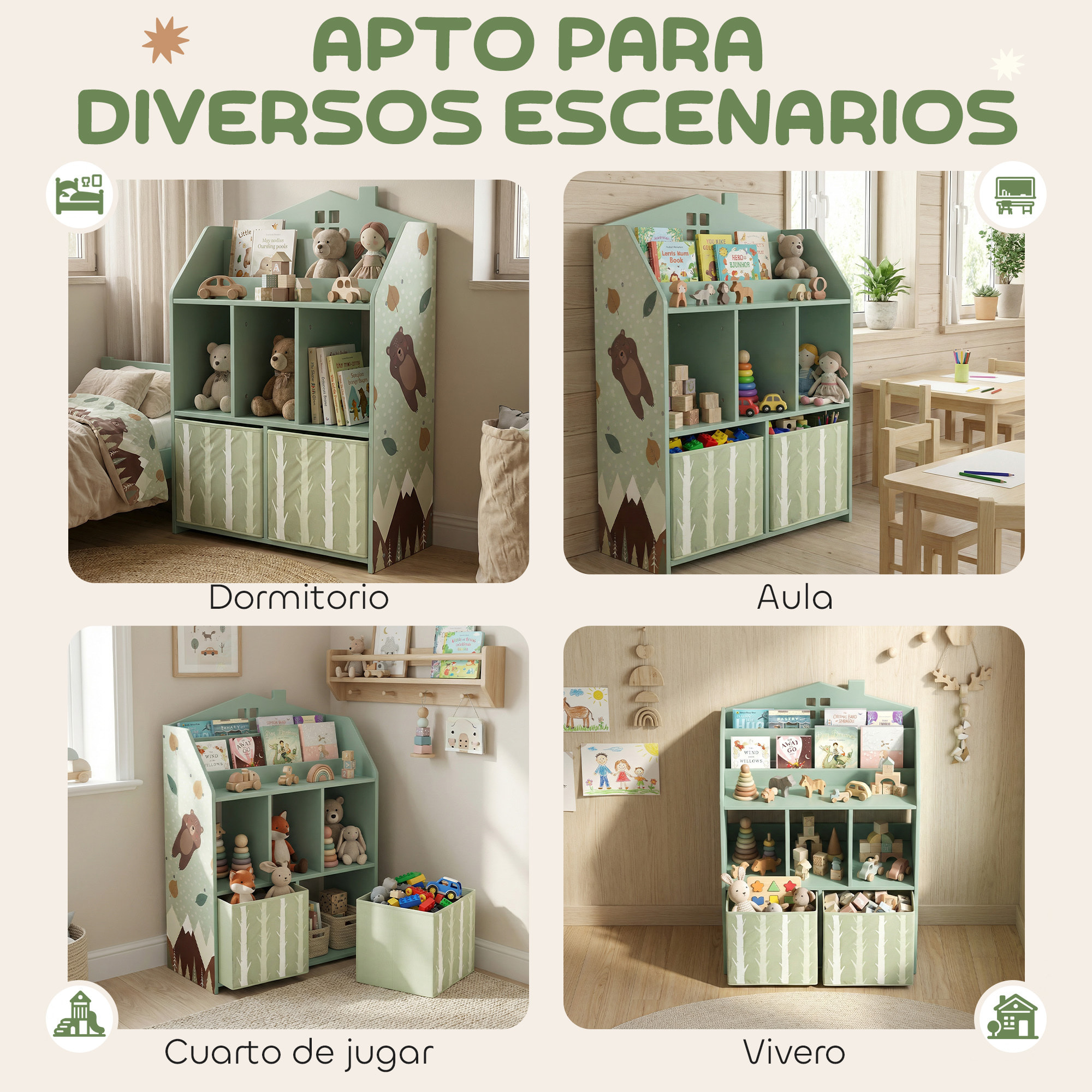Estantería Infantil para Juguetes con Cajones de Tela, Estantes Abiertos, Diseño de Ositos, Organizador de Juguetes para Dormitorio, Sala de Juegos, Guardería, Verde