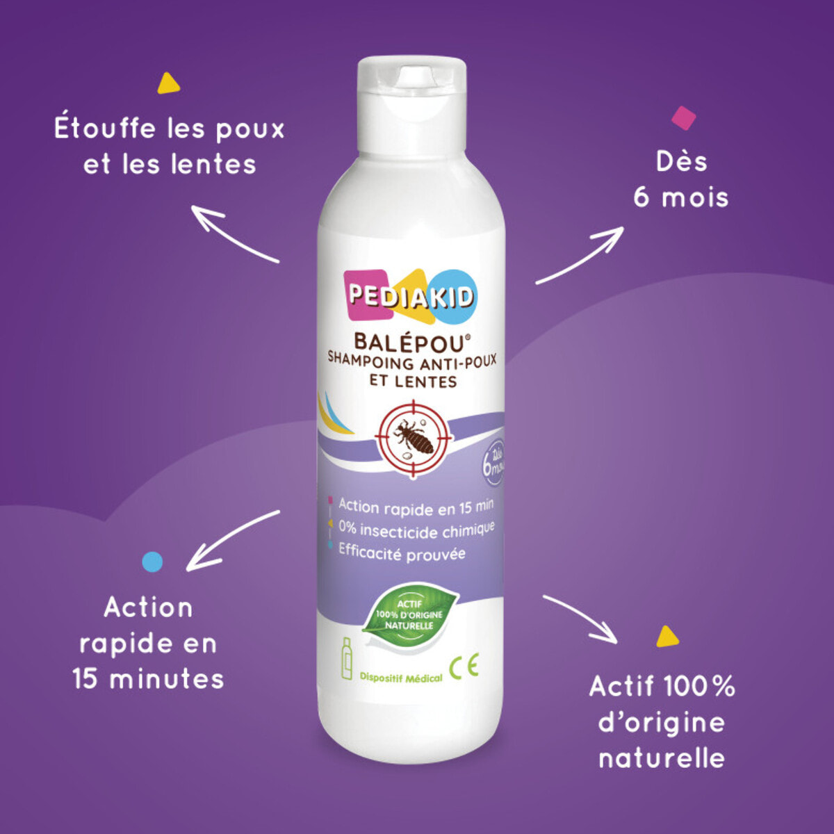 PEDIAKID - Balépou® Shampoing - Traitement Anti-Poux et Lentes Naturel - Agit en 15 Minutes - Dès 3 Mois - Dispositif Médical - Lot de 2