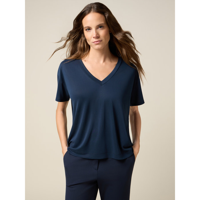 Oltre - T-shirt misto modal con scollo a V - Blu