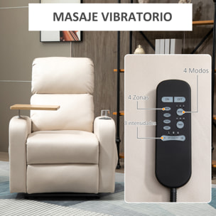 HOMCOM Sillón de Masaje Sillón Relax Eléctrico con 4 Modos de Vibración Reclinación 145° Tapizado en Microfibra Mando a Distancia Mesita 2 Bolsillos Laterales y Posavasos 77x93x105 cm Beige