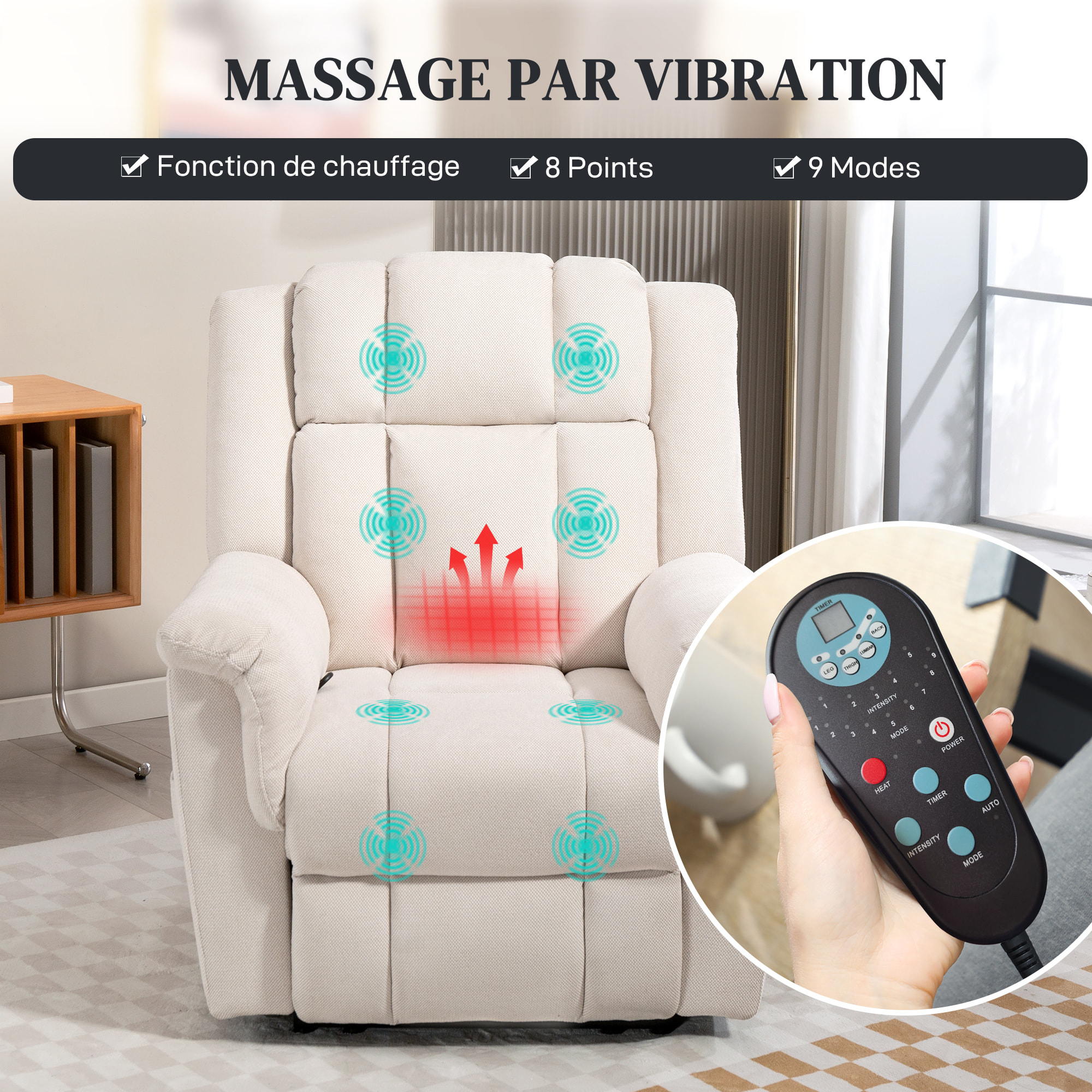 Fauteuil massant chauffant inclinable repose-pieds intégré poche rangement tissu velours chenille beige