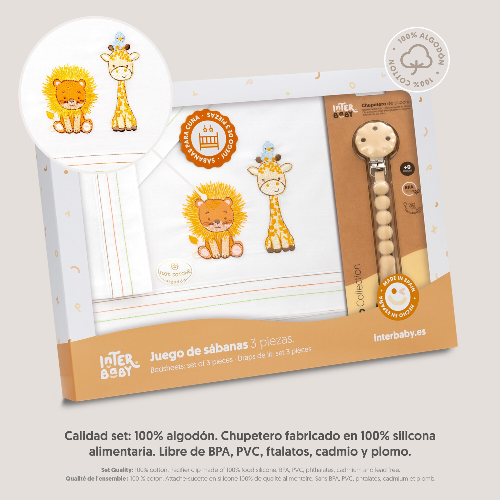 Triptico Cuna Leon Jirafa Pajarito + Broche Blanco