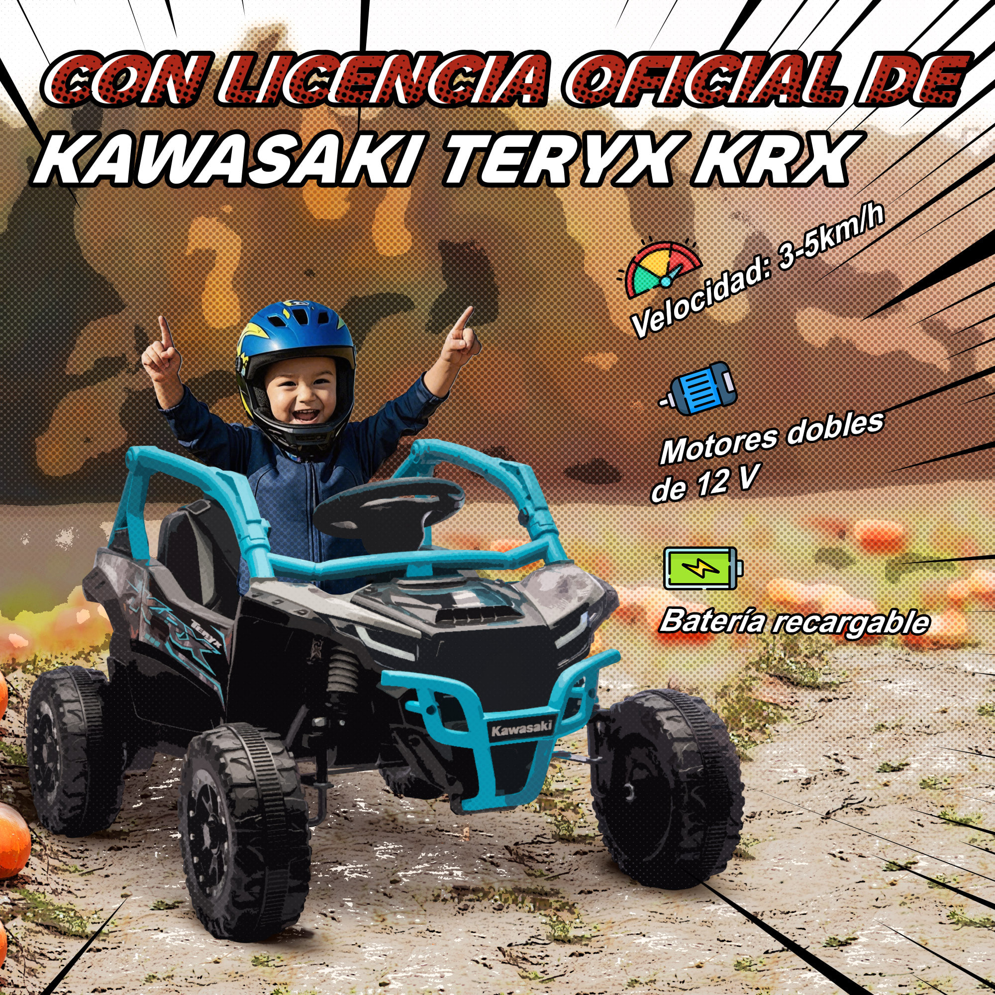 Coche Eléctrico para Niños 12V, Kawasaki Teryx KRX 1000, Coche de Batería UTV con 2 Motores, Control Remoto 2,4G, Suspensión Trasera, Faros, USB, para Niños de +3 Años, Azul