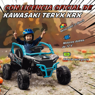 Coche Eléctrico para Niños 12V, Kawasaki Teryx KRX 1000, Coche de Batería UTV con 2 Motores, Control Remoto 2,4G, Suspensión Trasera, Faros, USB, para Niños de +3 Años, Azul