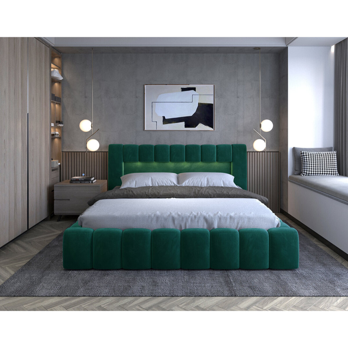 Cleo - lit coffre avec led - 180x200 cm - sommier inclus - en velours - Vert