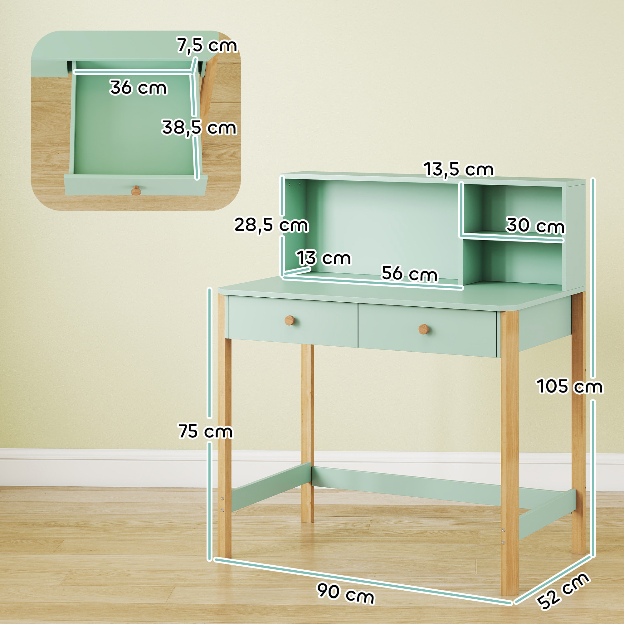 Escritorio Infantil, Mesa de Escritorio para Niños con 3 Compartimentos Abiertos y 2 Cajones, Patas de Madera, para Estudio, Entrada, Dormitorio, para Niños de 5-12 Años, 90x52x105 cm, Verde