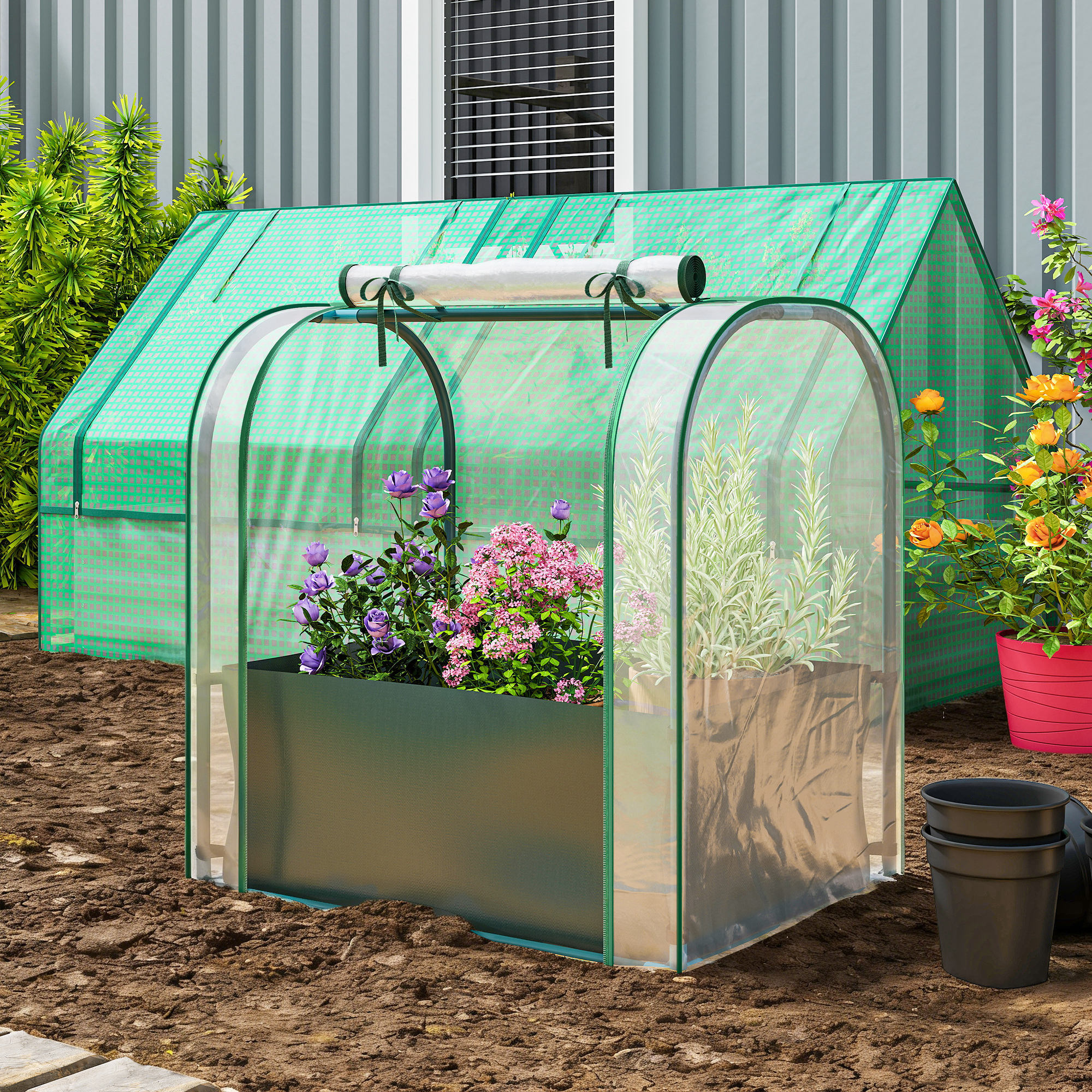 Mini Invernadero con Bolsa para Plantar, 68x50x70 cm, Invernadero Pequeño Portátil para Interior y Exterior con Puerta Enrollable, Marco Acero, Impermeable, para Jardín, Balcón o Patio, Verde