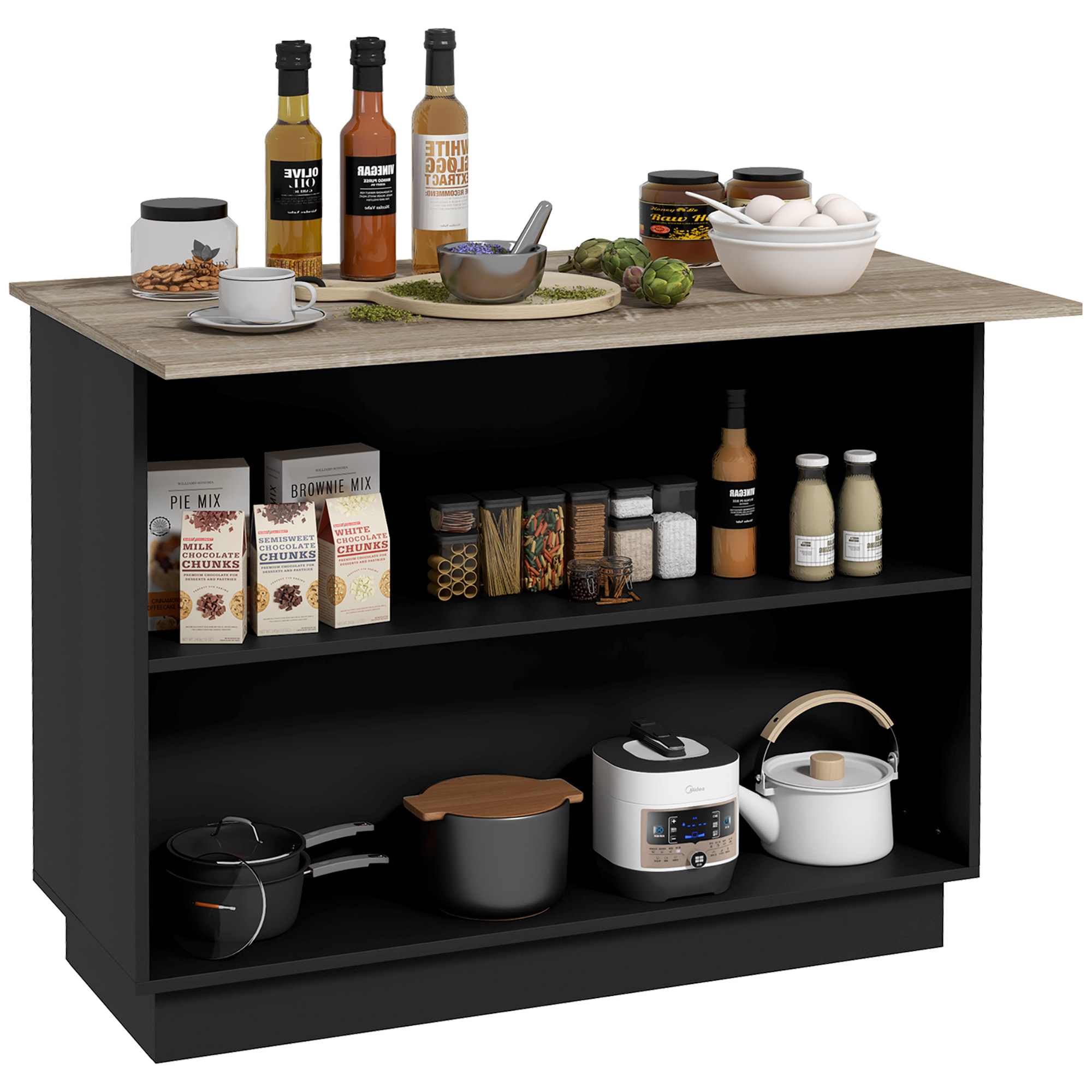 Isla de Cocina Mueble Auxiliar de Cocina con 2 Estantes Abiertos 2 Puertas y Estantes Ajustables Estilo Moderno Carga 100 kg 105x60x82 cm Negro y Roble