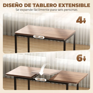 HOMCOM Conjunto de Mesa y 6 Sillas de Comedor de 7 Piezas, Mesa de Cocina Extensible 120-160 cm con 6 Sillas Apilables, Ahorro de Espacio, para 4-6 Personas, Marco Metálico, Marrón Efecto Madera