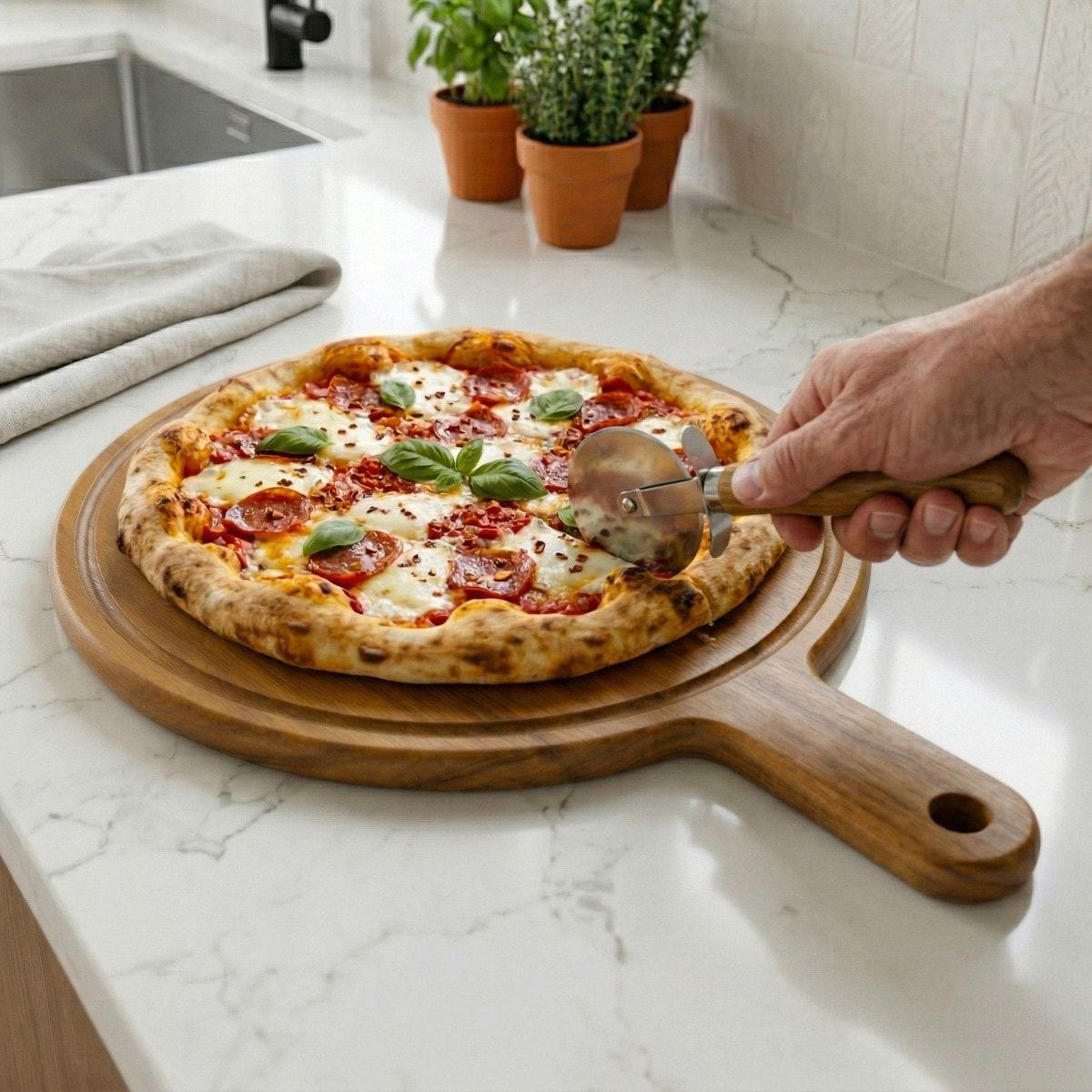 Fiorenza - Planche à pizza ronde 33 cm avec rigole et poignée