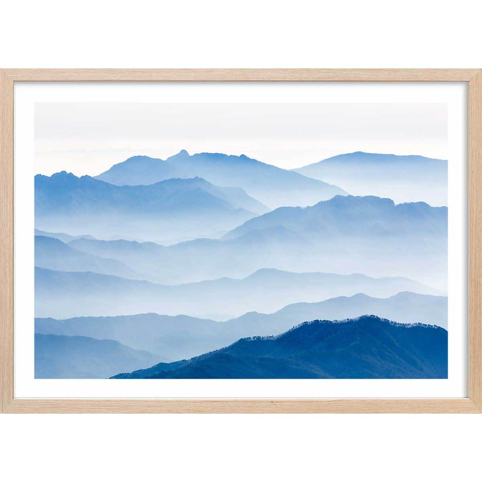 Affiche paysage montagnes bleues Affiche + cadre en bois - Chêne