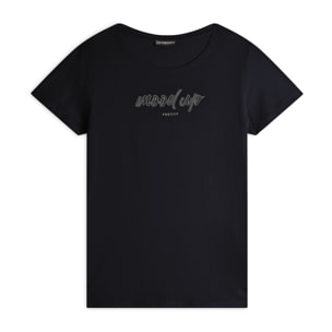 T-shirt donna girocollo con scritta decorata da strass