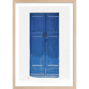 Poster porte bleue ios Affiche + cadre en bois - Chêne