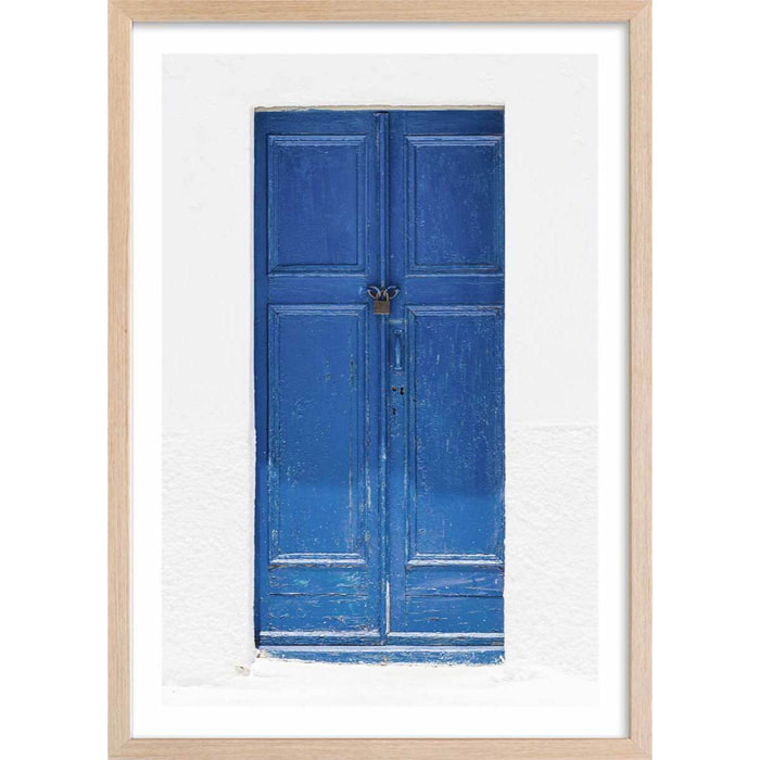 Poster porte bleue ios Affiche + cadre en bois - Chêne