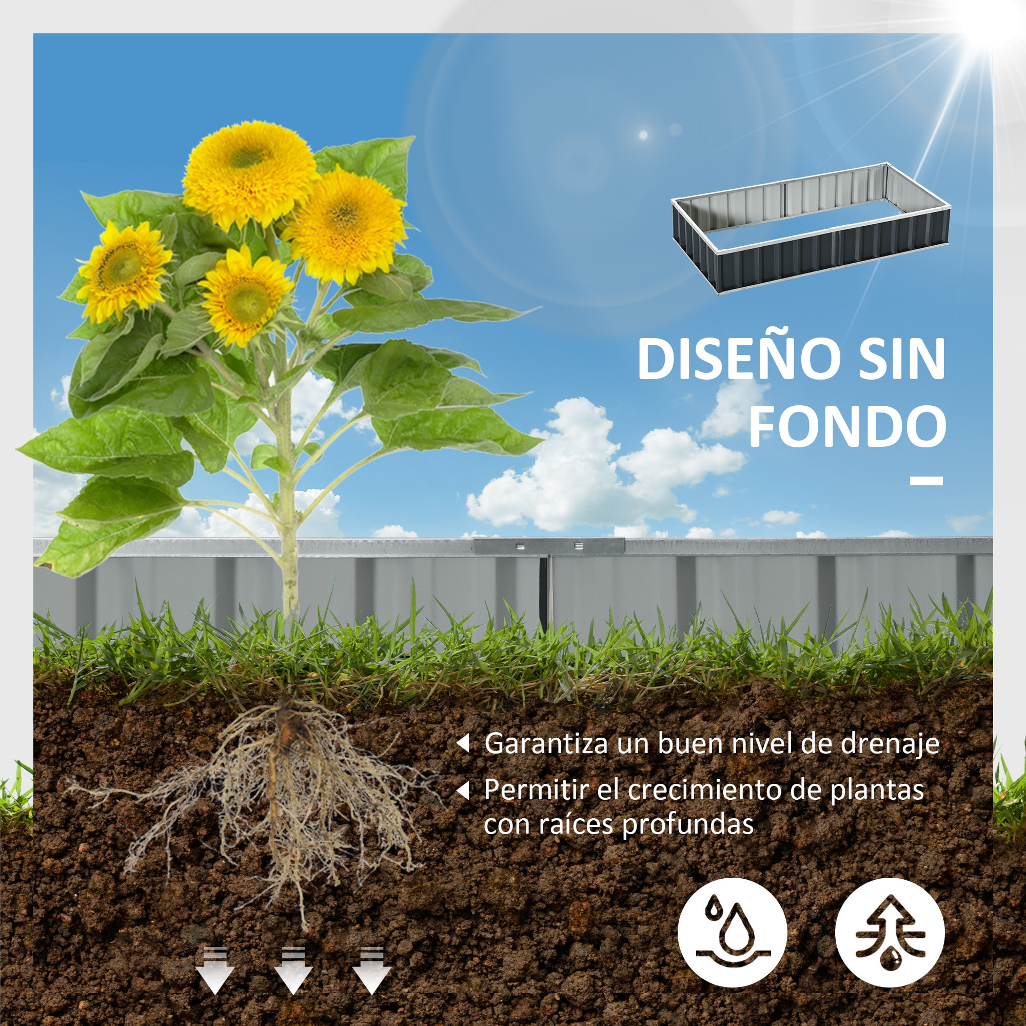 Arriate de Jardín de Acero 174x90x30 cm Incluye Guantes Huerto Urbano Jardinera Macetero Rectangular para Cultivos Plantas Flores para Terraza Balcón Exterior Gris