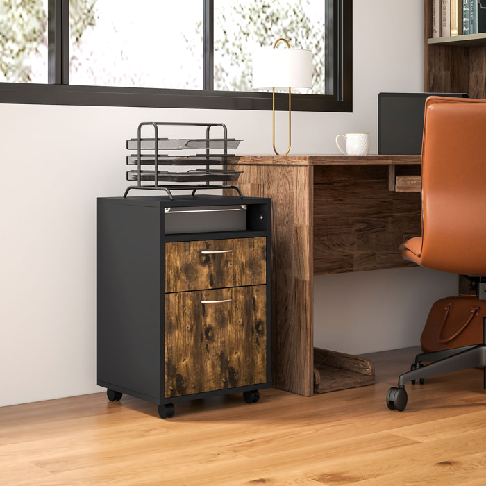 Caisson de bureau rangement bureau sur roulettes tiroir placard niche panneaux particules brun rustique