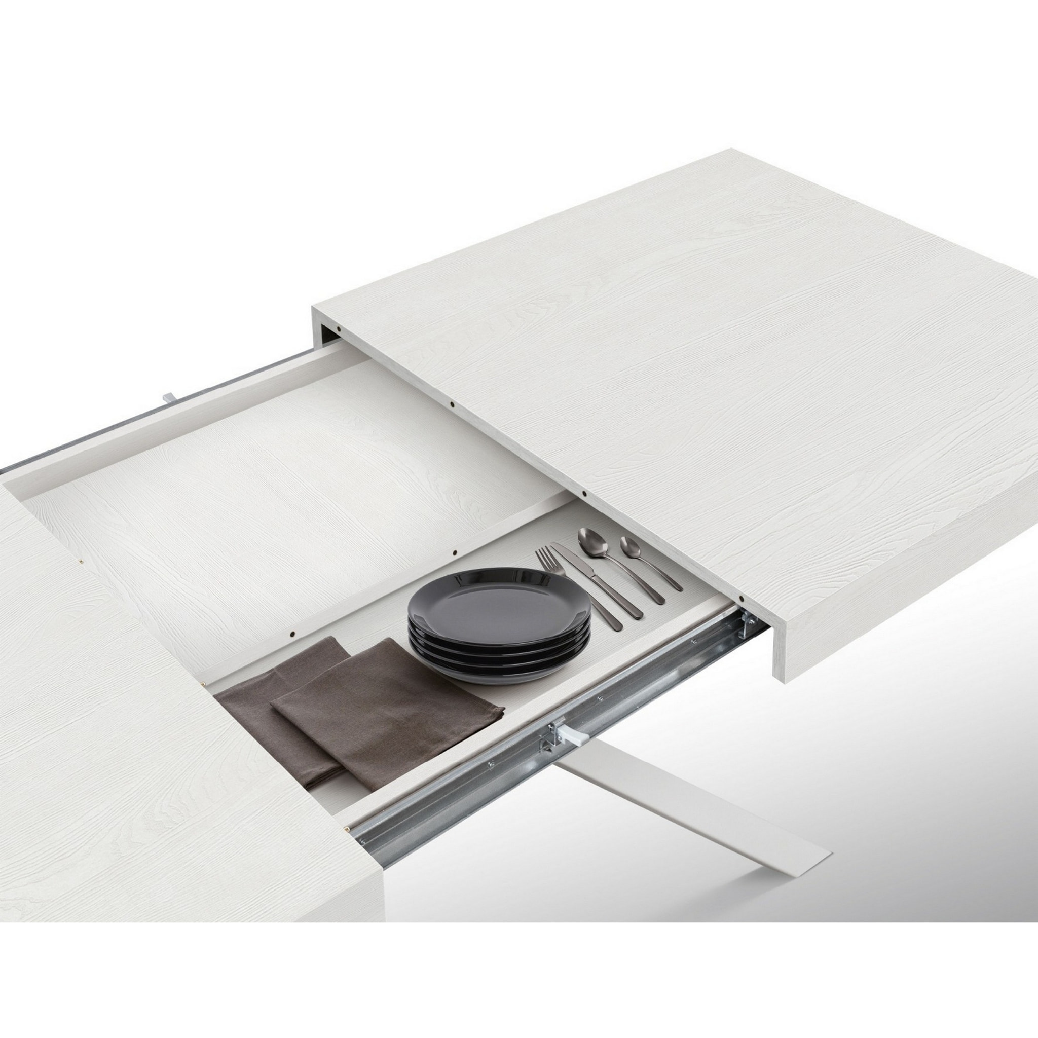 Tavolo FORTE DEI MARMI in legno, finitura bianco frassinato e gambe incrociate in metallo bianco, allungabile 95x90 cm - 145 x 90 cm