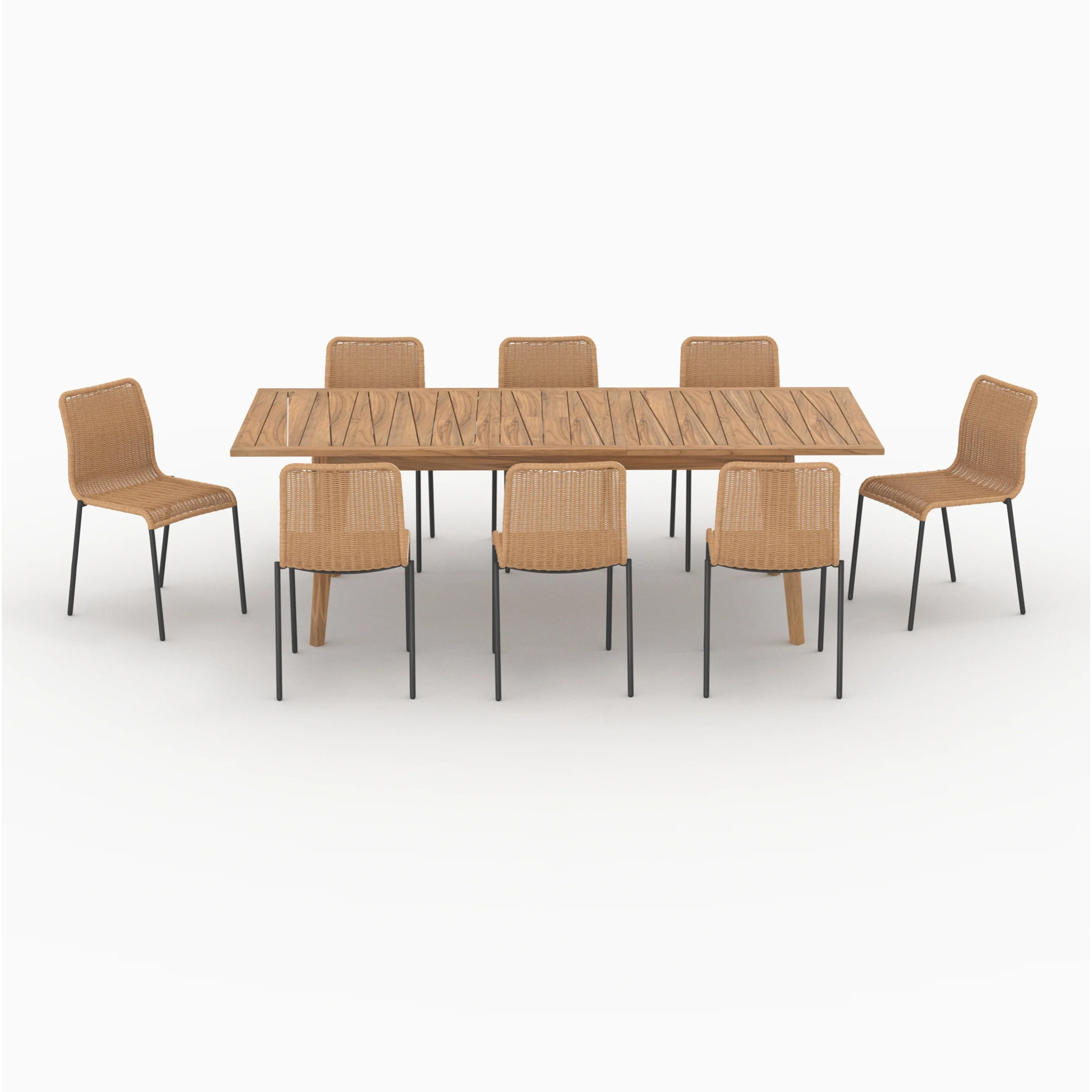 Table et chaises de jardin 8 personnes, bois, résine tressée naturelle - Tunga