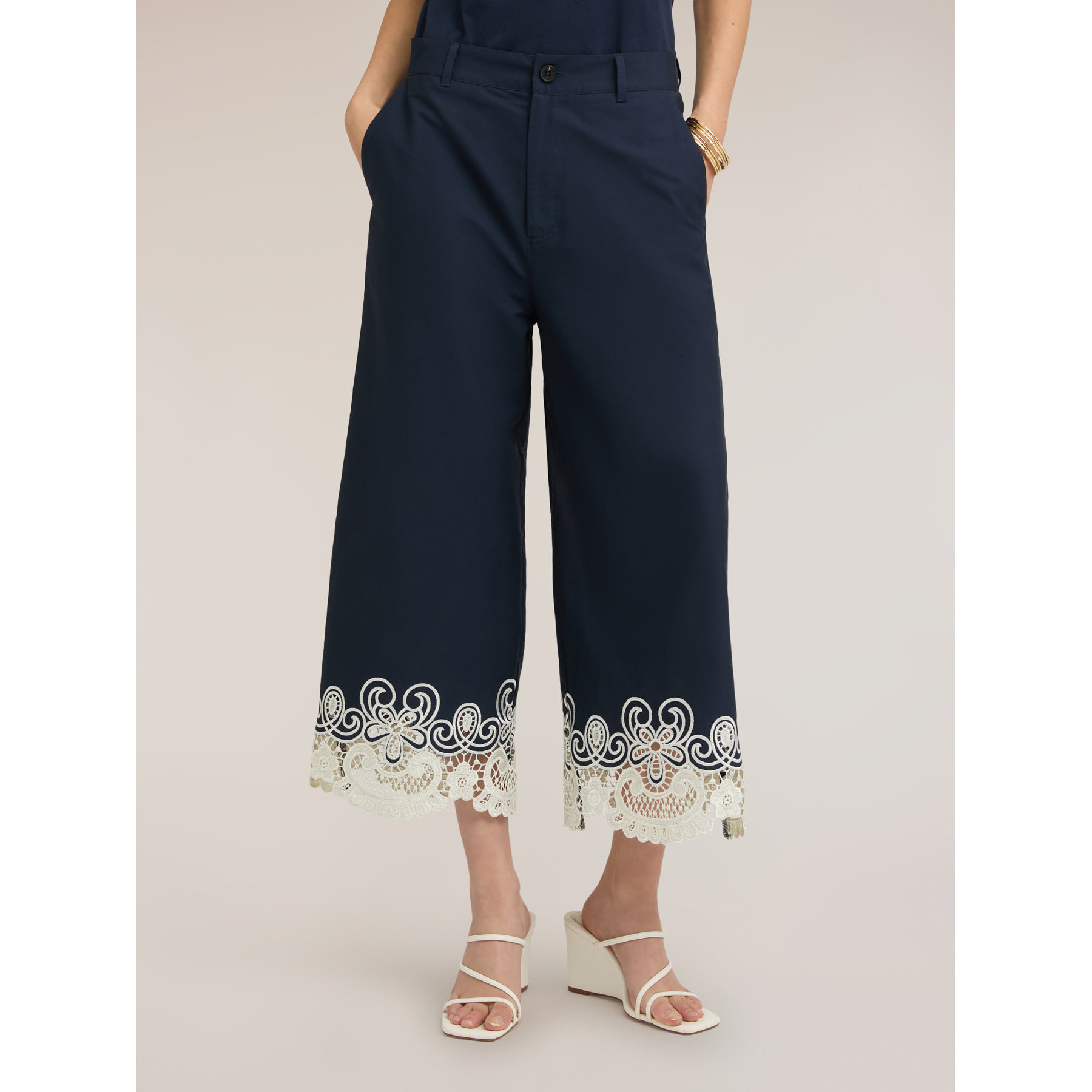 Motivi - Pantaloni cropped in popeline con pizzo - Blu