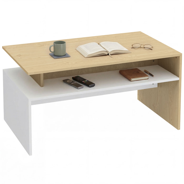 Mesa de Centro Moderna, Mesa baja para Salón con Compartimento para Salón, Sala de Estar, 95x55x50 cm, Natural y Blanco