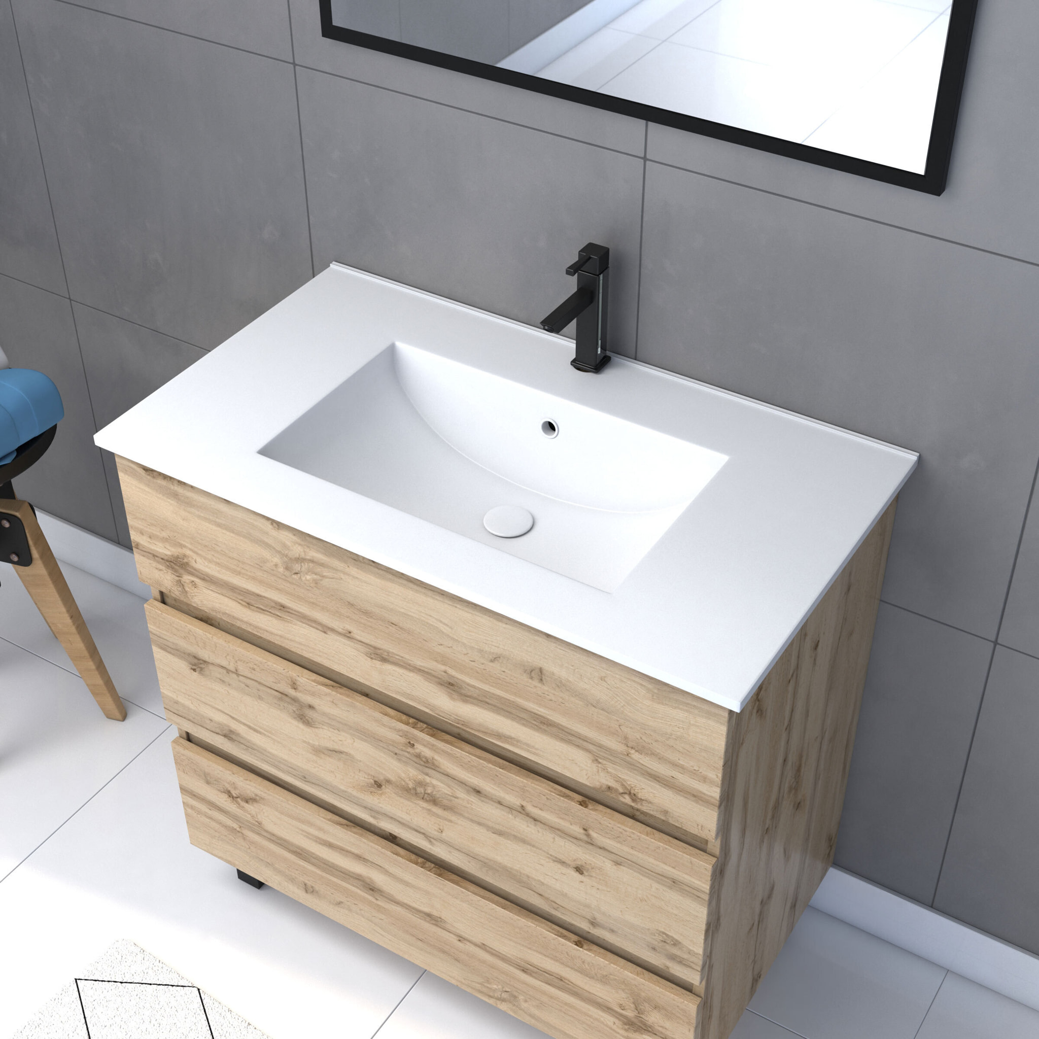Meuble salle de bain 80x60 - Finition chene naturel + vasque blanche + miroir - TIMBER 80 - Pack 45