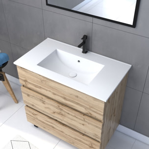 Meuble salle de bain 80x60 - Finition chene naturel + vasque blanche + miroir - TIMBER 80 - Pack 45