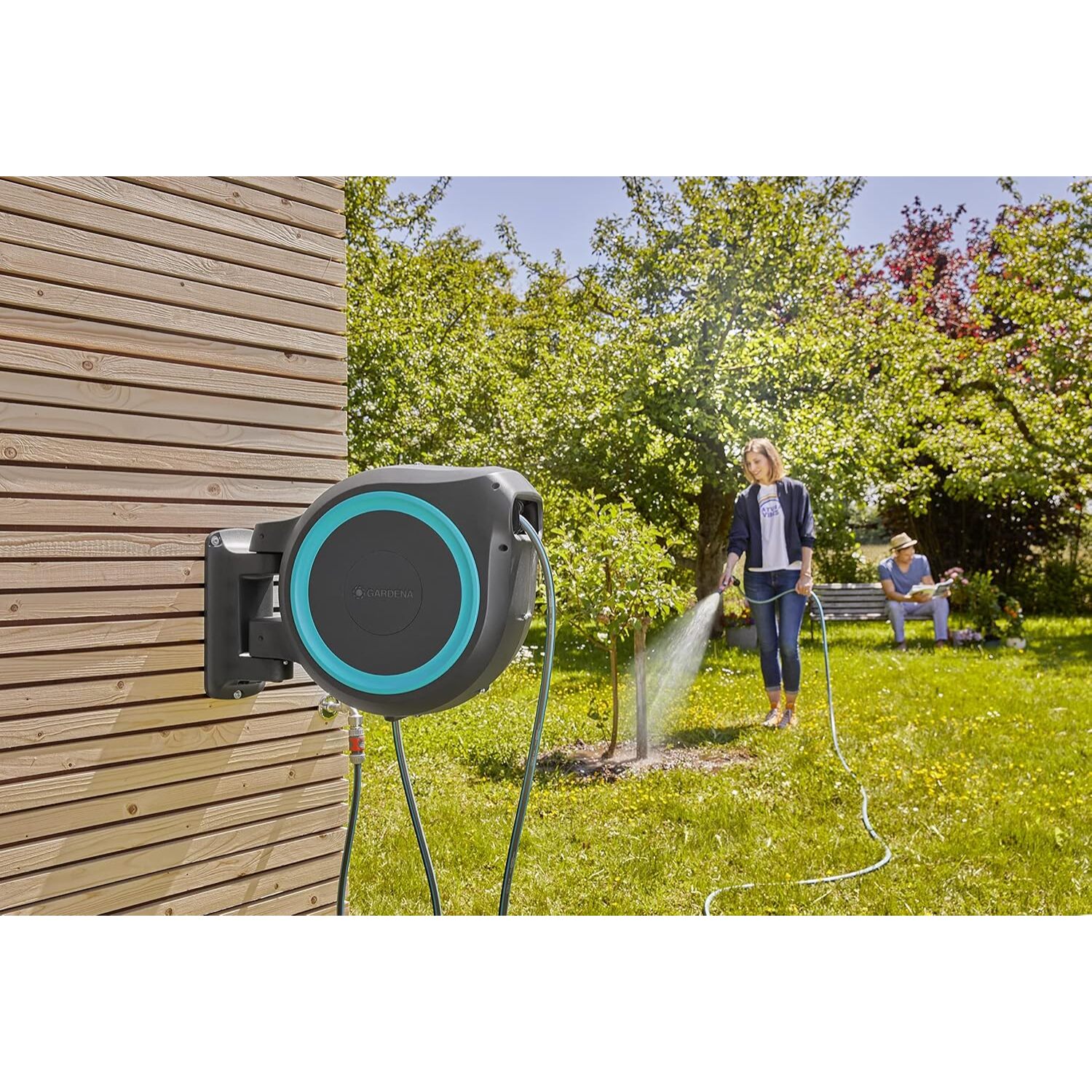 Dévidoir automatique mural RollUp L 30 m Bleu turquoise - GARDENA - 18625-20