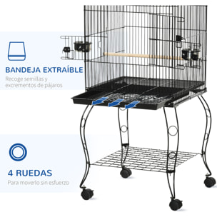 Jaula para Pájaros con Ruedas Jaula Grande con Soporte Pajarera con Bandeja Extraíble Puertas Comederos Perchas y Estante Inferior para Cacatúa ninfa Cotorra del Sol 50x49x137 cm Negro
