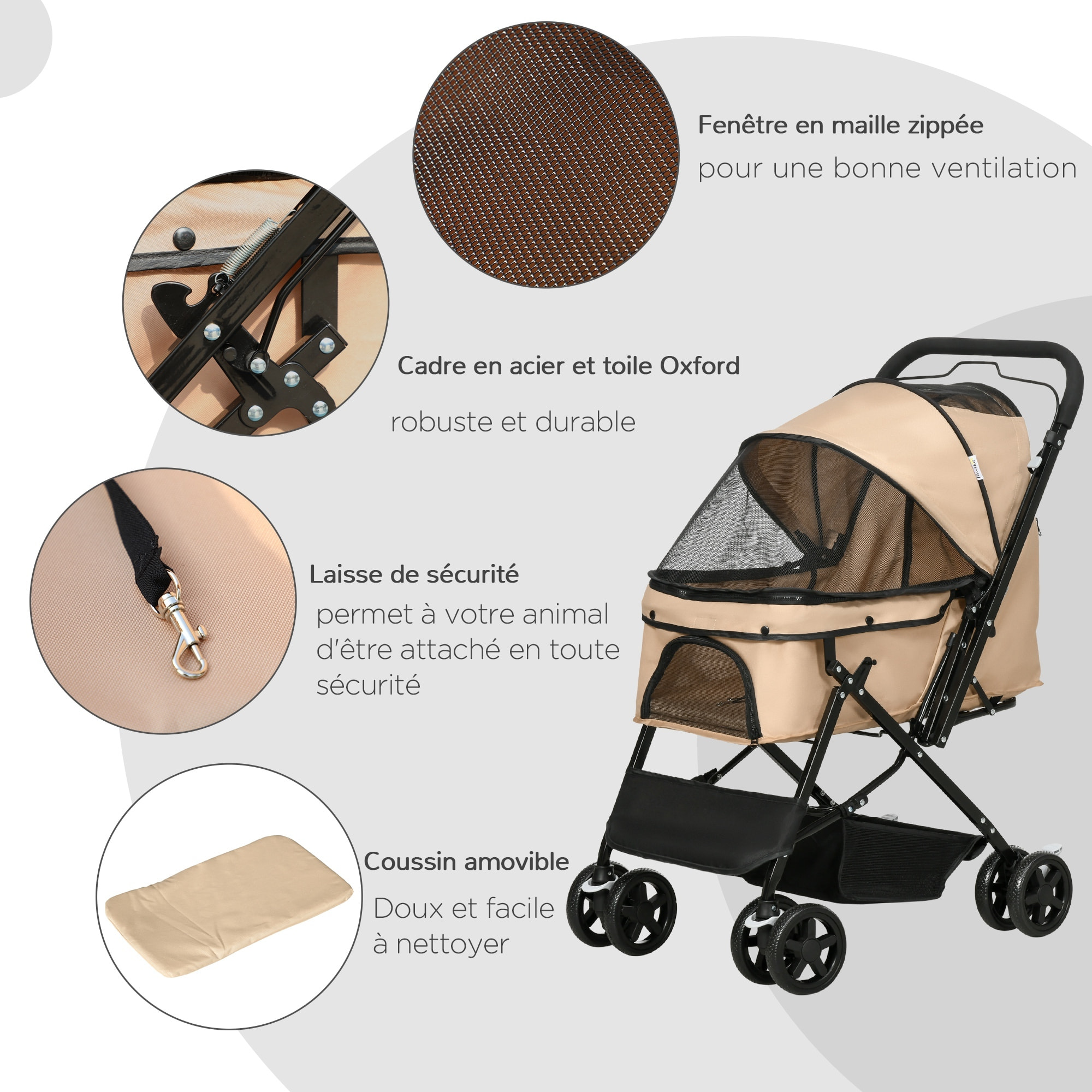 Poussette buggy pliable chien chat panier et sac de rangement attaches sécurité housse réglable poignée réglable acier Oxford beige