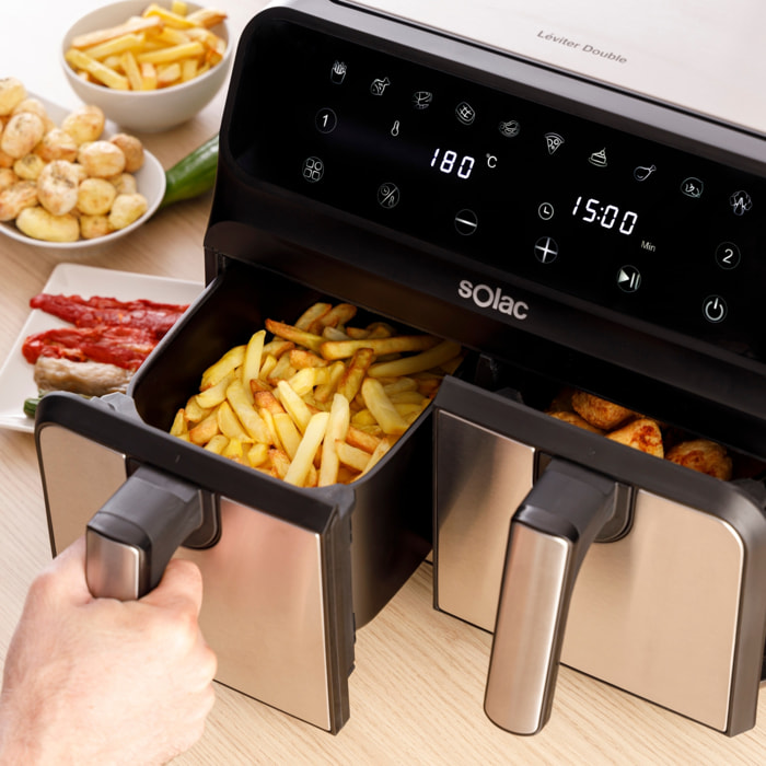 Freidora sin Aceite Doble Cubeta 1700W | 8L: 4 cada cestillo | Air Fryer 60-200º | Antiadherente | Panel control táctil multifunción | Programable Temporizador | Freidora Aire 11 menu | Inox - Solac