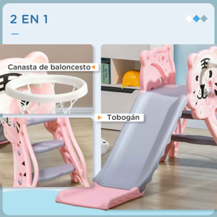 Tobogán Infantil 3 en 1 Tobogán para Niños de 18 a 36 Meses con 2 Escaleras 1 Canasta de Baloncesto y Patrón de Animal para Interior 133x60x70 cm Rosa y Gris