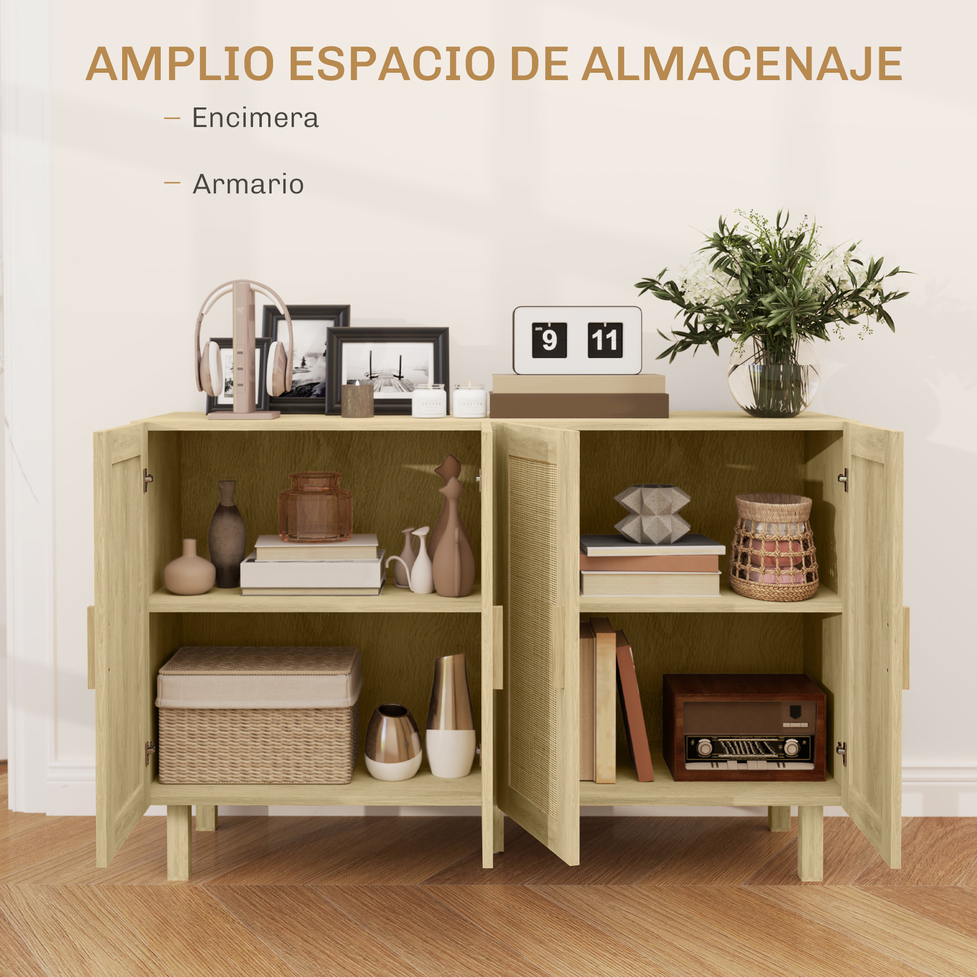 Aparador 4 Puertas de Rejilla de Ratán Aparador para Salón Nórdico con Estantes Ajustables para Comedor Entrada Dormitorio Natural 120x39,5x76 cm