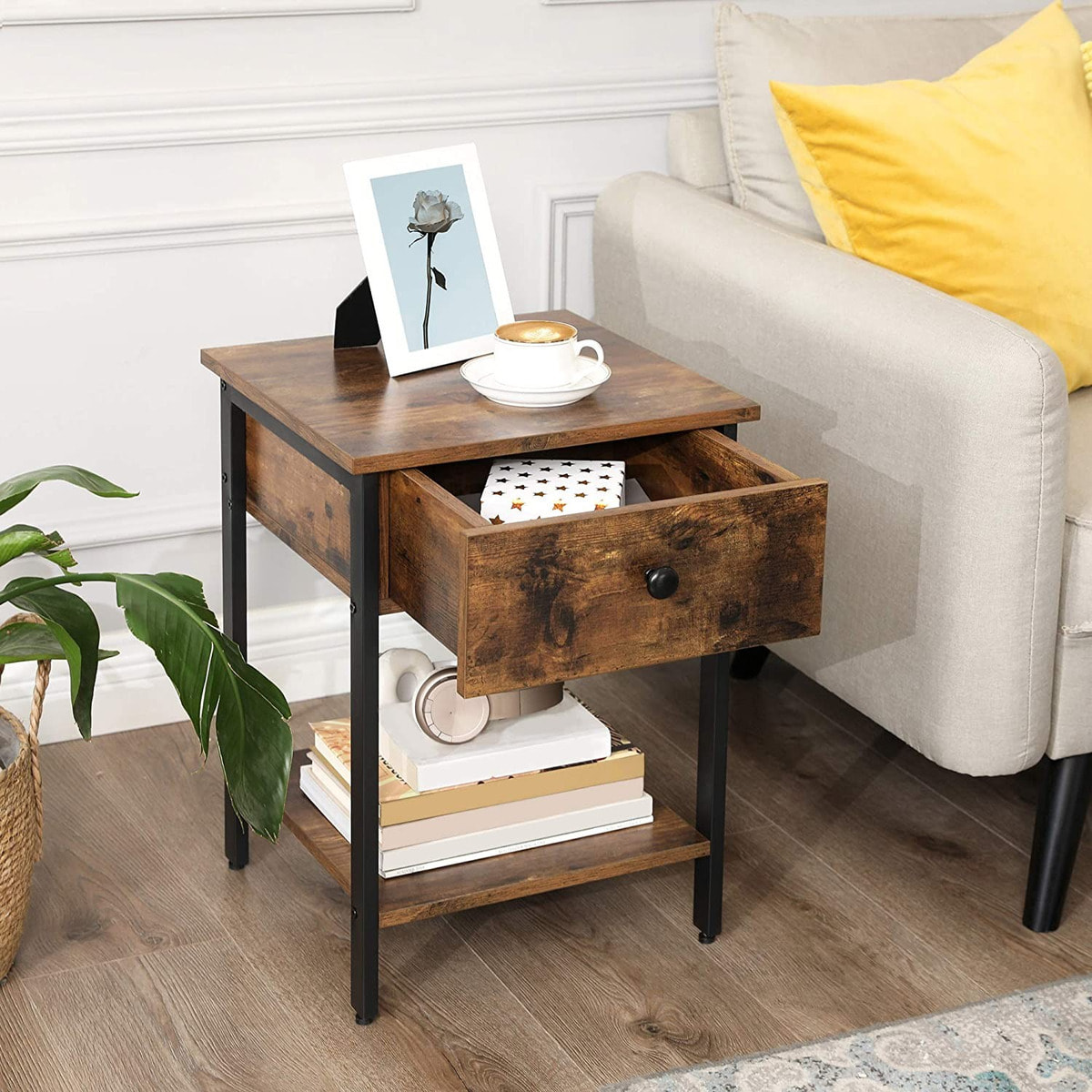 Comodino Industrial Oskar in Legno Rovere e Metallo Nero