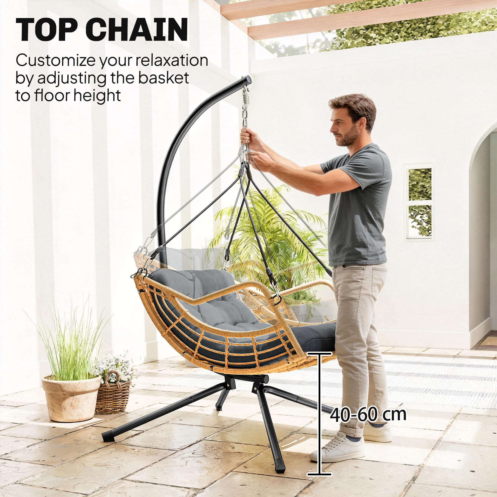 Fauteuil suspendu design résine tressée avec support acier et épais coussin gris